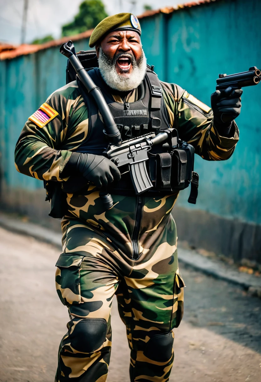 (a dark-skinned bearded fat old man in a bulky camouflage zipper diver suit and heavy scuba gear) wearing army beret, shooting with a gun, muscular, Bruce Onobrakpeya, sumatraism, stanley artgermm, action, a character portrait, heroic, fierce, shouting