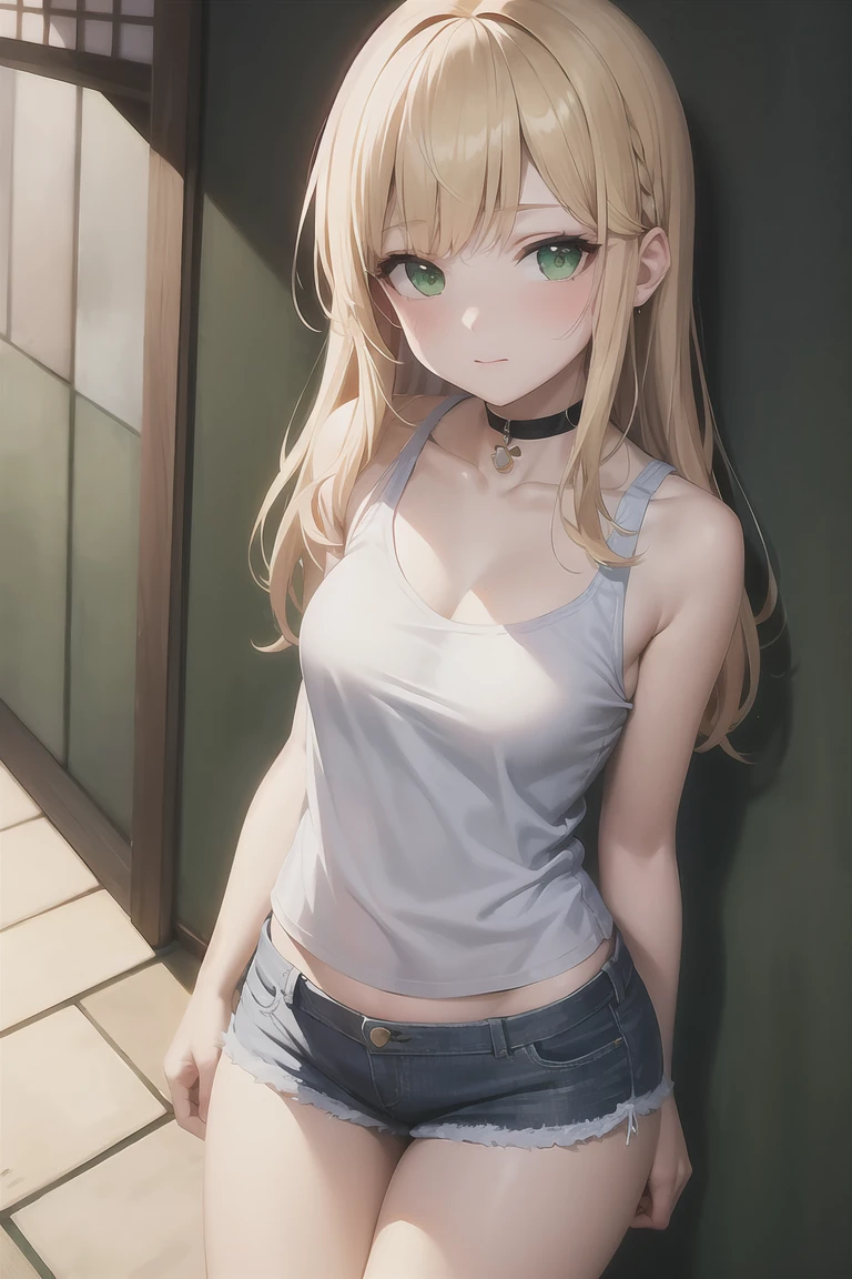 Masterpiece, best quality, Blonde Hair, choker, Green Eyes, Long Hair, White tank top, Denim shorts, Japanese ,blush, Have, break looking at viewer,