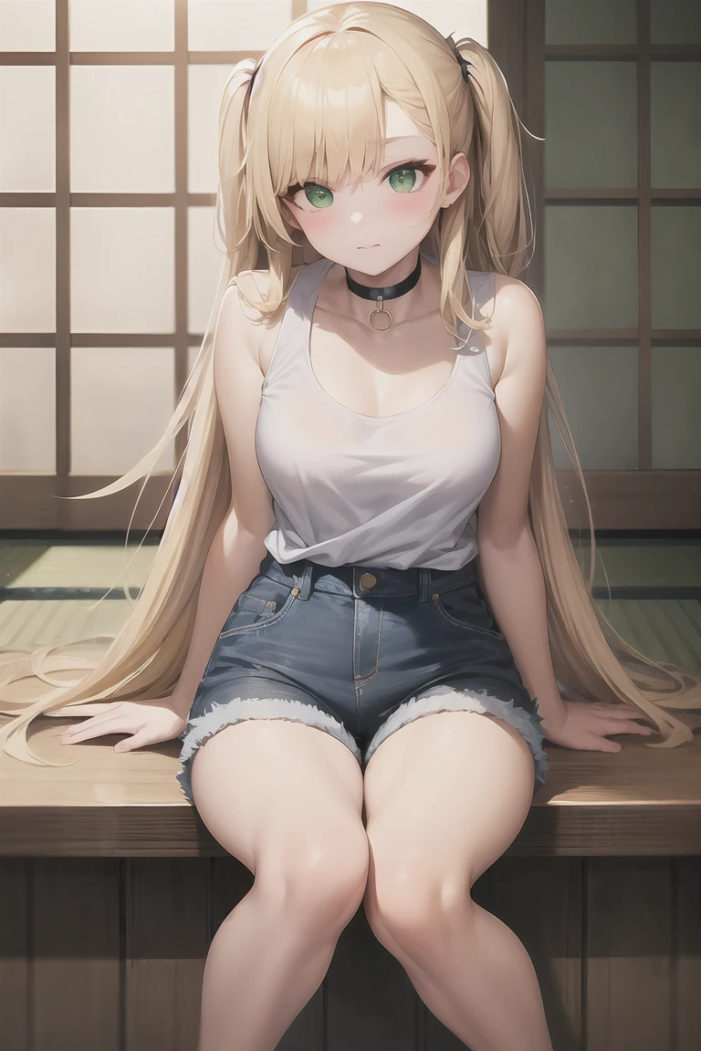 Masterpiece, best quality, Blonde Hair, choker, Green Eyes, Long Hair, White tank top, Denim shorts, Japanese ,blush, Have, break looking at viewer,