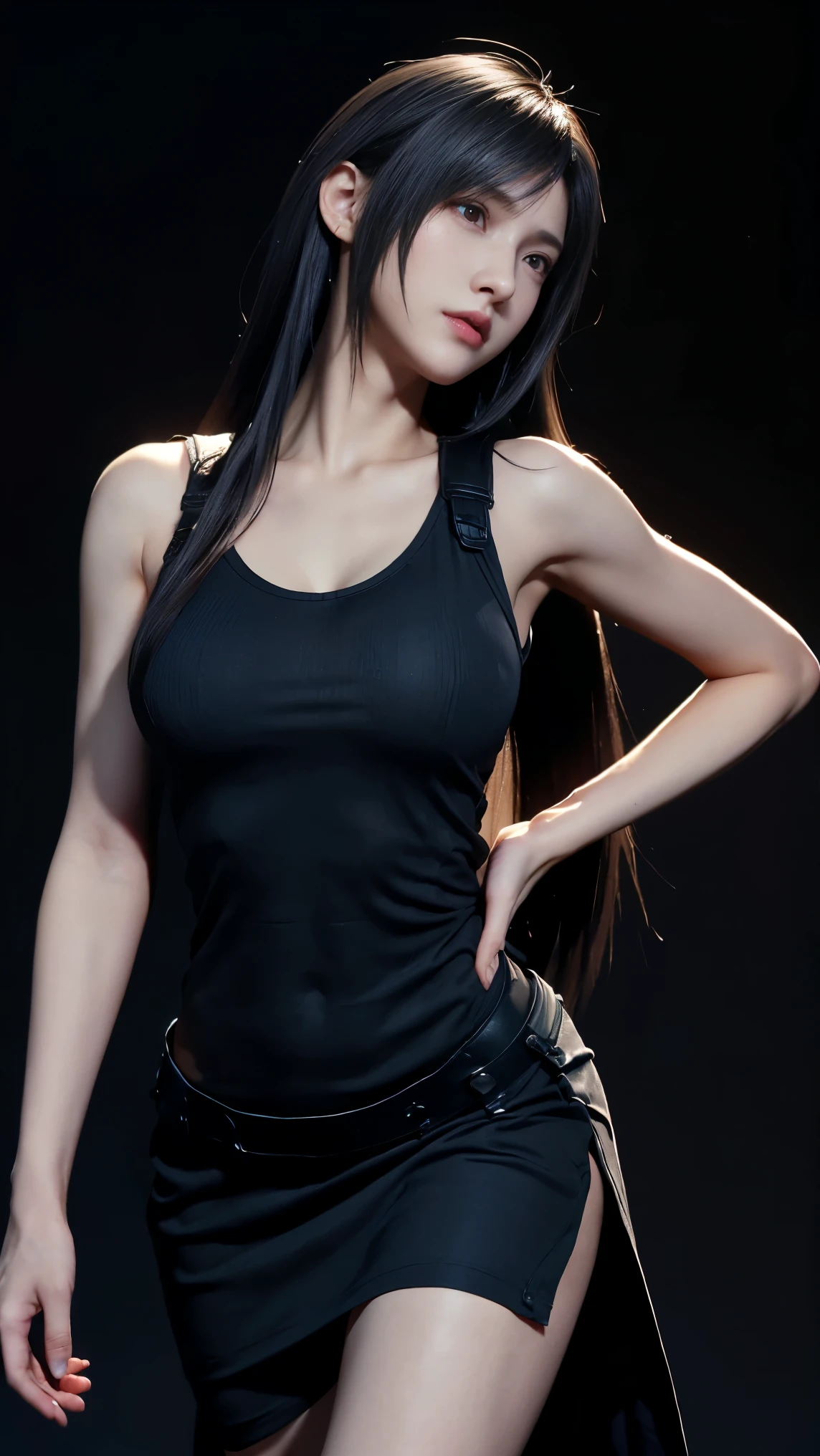 8K, Top Quality, Intricate Details, Ultra Detail, Ultra High Resolution, Masterpiece, close up shot, (full body: 1.1), Slender, Smile, (Makeup: 0.4), (), (Fluffy Eyes: 1.21), ((bangs)), 1girl, solo, 1 girl, (((red eyes, black hair, bangs, long hair)), ((Tifa,Tifa・lockhart,Final Fantasy 7,FF7,l)), close up shot, , ((tall)), (((fit body))), (((slim face))), sharp face, ((torn outfit showings crotch and nipple)) , (detailed face), sharp face, small lips, ( super pose ),
((, )), , ((,)), detailed face, detailed breast, large breast, huge breast, (( )), detail ass, Narrow Waist, Skinny, tall , 175 cm tall, Muscular, Navel, Exposed Abdomen, Pointed Chest,, Beautiful girl with accentuated slender abs: 1.4, Six Pack Abs: 1.4,, Perfect Body, detail leg, (( dark background)), black background,