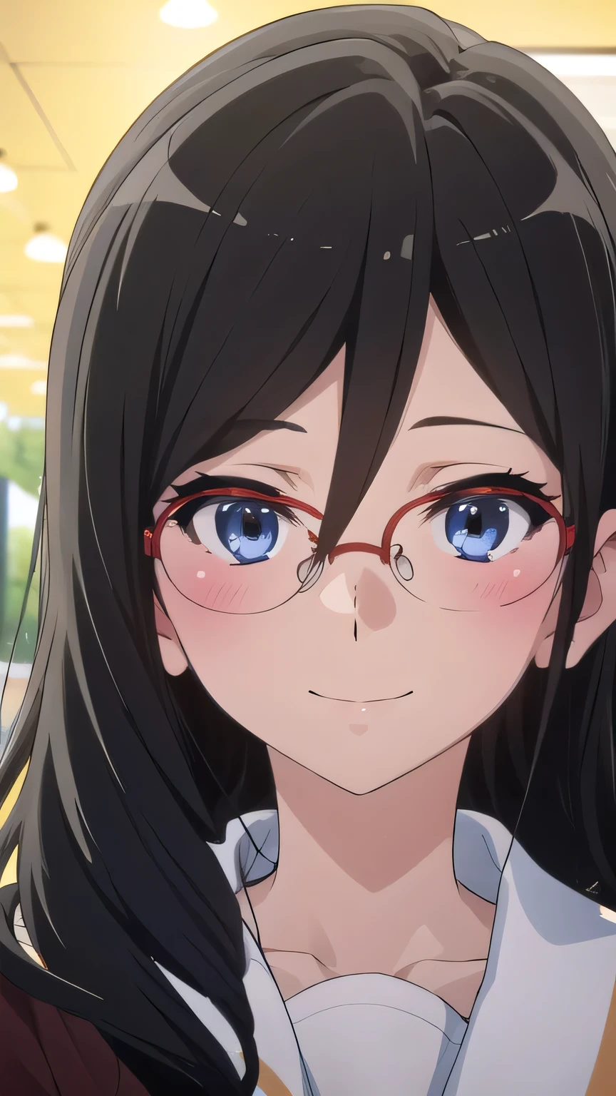 คุณภาพดีatสุด, Masterpiece, highres, alone, {Thanaka_Asuka_euphonium sound:1.15} (park:1.3), , black_hair, long_hair, glasses, light blue_eyes, Blush, red frame_glasses, Seraph, beyond the edge_glasses, semi borderless_glasses, hair_between_eyes, 1 girl, Kitauchi_high_school_uniform, look_at_viewer, smile