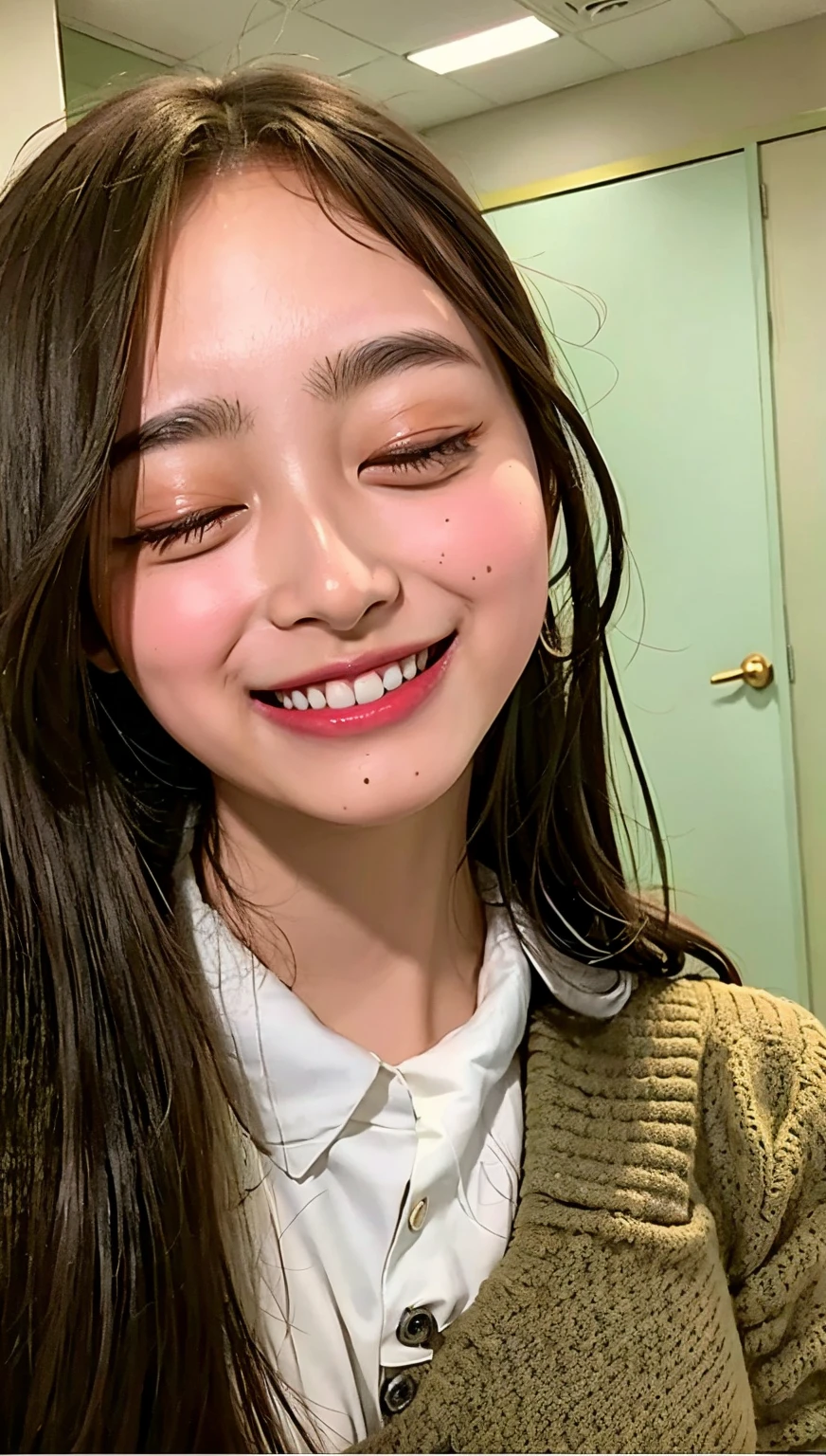 1 girl , 25 years old , selfie , close up , smile , cute asian , (cum face ,cum facial ), photography , realistic , covering her half face with books