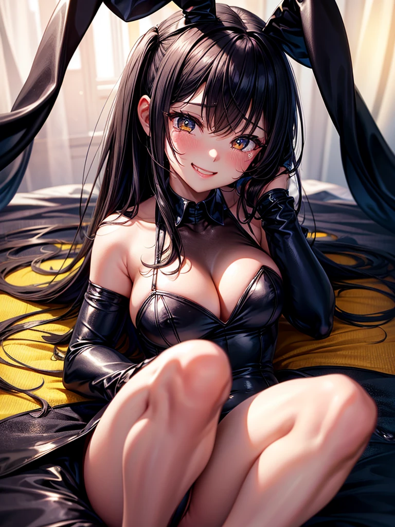 Highest quality,Highest Resolution,Sexy black bunny girl,smile,Bedroom,Dripping saliva,Tears,