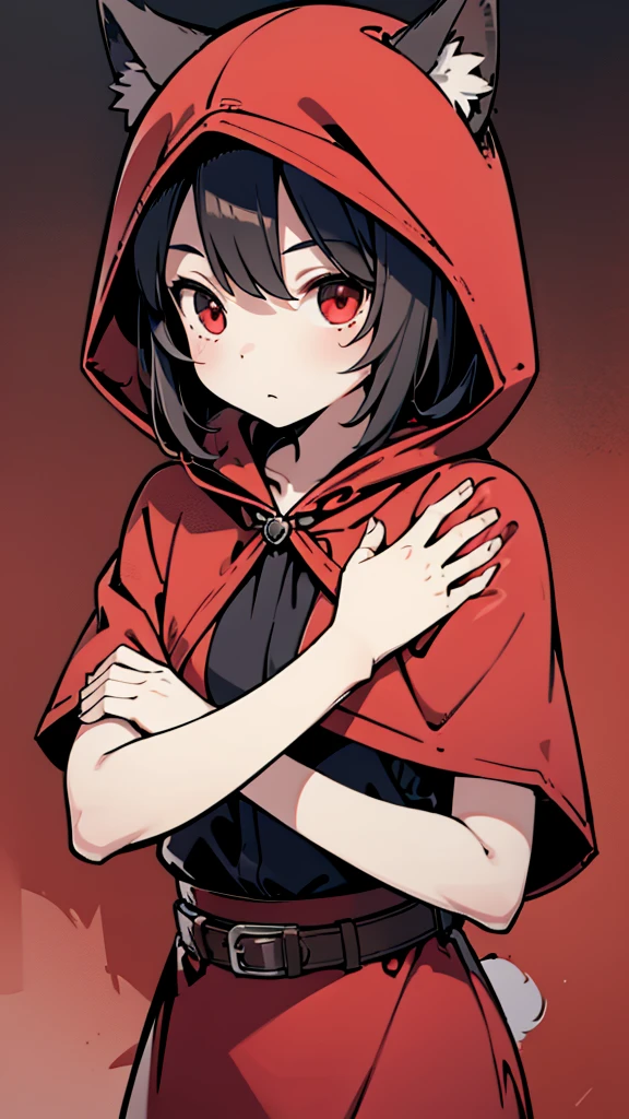 grace,Cool girl,Handsome girl,little Red Riding Hood,Red Cape,Red hood斗篷,Forest Background,Forest Background,Hooded girl with a basket,Wave Girl,Wolf Ear Girl,Wolf Ear Hood,Red hood,Close-up above the waist,Tight leather jacket,Shotgun,手持Shotgun,Hunter style girl