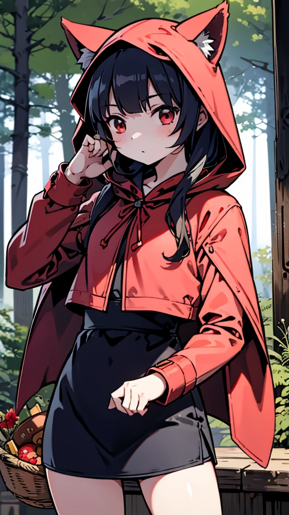 grace,Cool girl,Handsome girl,little Red Riding Hood,Red Cape,Red hood斗篷,Forest Background,Forest Background,Hooded girl with a basket,Wave Girl,Wolf Ear Girl,Wolf Ear Hood,Red hood,Close-up above the waist,Tight leather jacket,Shotgun,手持Shotgun,Hunter style girl