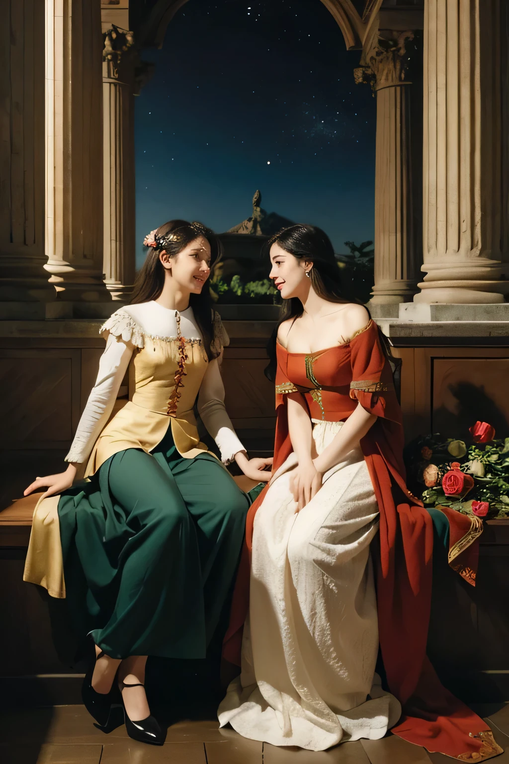 Giorgione painting style,Arguments of two female Philosophe,math、astronomical machine、astronaut、roses in vase、fruits、Cute trinkets、smile、ancient greek costume、Background is a forest lake at night 、Clothes that stretch your shoulders、A big smile