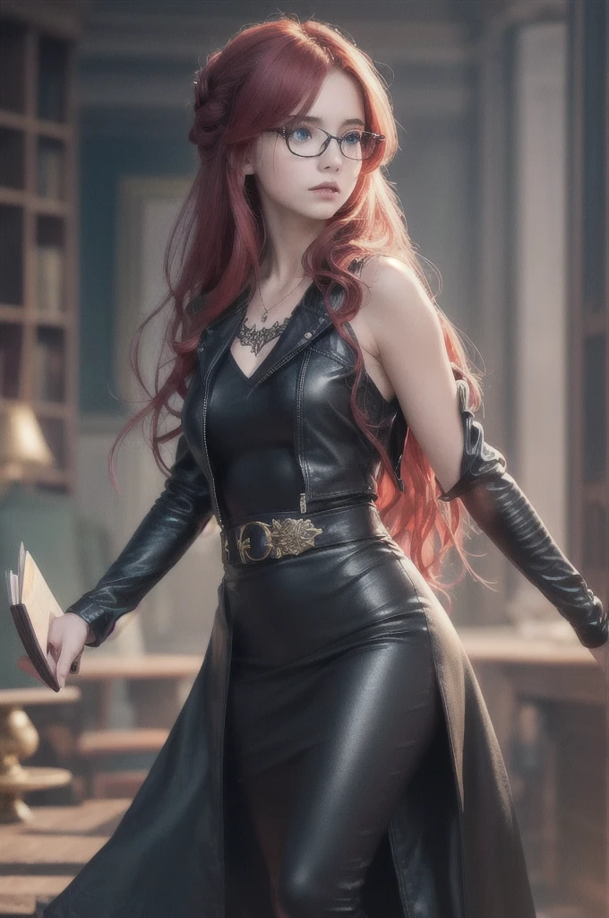 1girl, full body, magical girl, holding book, blue eyes, red hair, long hair, black dress, black leather jacket, library, glasses, (best quality,4k,8k,highres,masterpiece:1.2),ultra-detailed,(realistic,photorealistic,photo-realistic:1.37),portrait,fantasy,dramatic lighting,warm color palette,intricate details