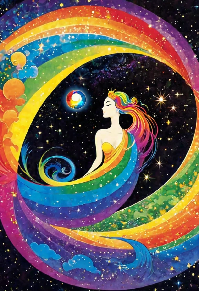 Queen and prince merging into one, yin and yang, integration, rainbow, joy, outer space, spirituality