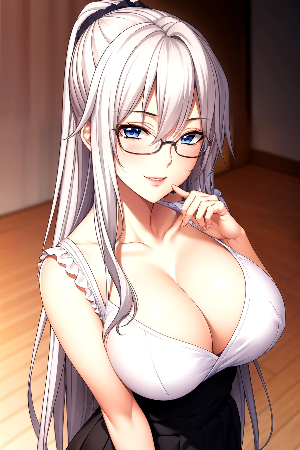 wear glasses, Girlfriend, long skirt, dress, pleat, clavicle, Silky skin,Full body pictures, White hair,blue Eye,Ponytail, 1 girl, 25 years old,Young women,beautiful Finger,beautiful long legs,beautiful body,beautiful Nose,beautiful character design, perfect Eye, perfect Face,expressive Eye,Perfect balance, Looking at the audience,(Focus on her Face),housing, (Innocent_Big goals_Eye:1.0),Light_Smile, Official Art,Very detailed CG unity 8k wallpaper, Perfect lighting,rich and colorful, bright_front_Face_Lighting,Light skin, (masterpiece:1.0),(the best_quality:1.0), Ultra-high resolution,4K,Very detailed, photography, 8K, Human Development Report, high resolution, absurd:1.2, Kodak Portrait 400, Film Grain, Blurred background, Bokeh:1.2, Lens Light Halo, (Full of energy_color:1.2),专业photography师, (beautiful,Chest), (beautiful_Face:1.5),(narrow_waist),Smile, Happy