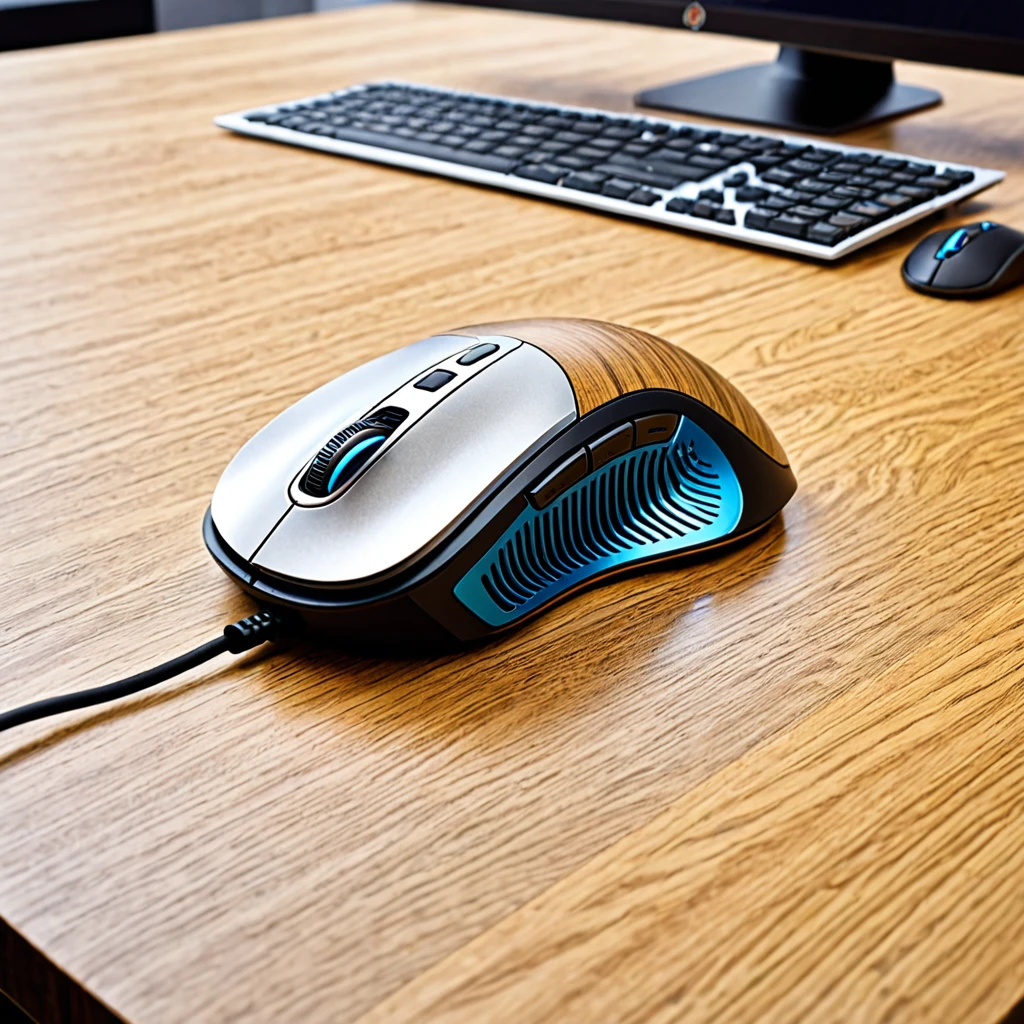 Futuristik mouse for computer, higly detailed, oak wood table. พิมลายผัดไทยบนตัวเมาส์