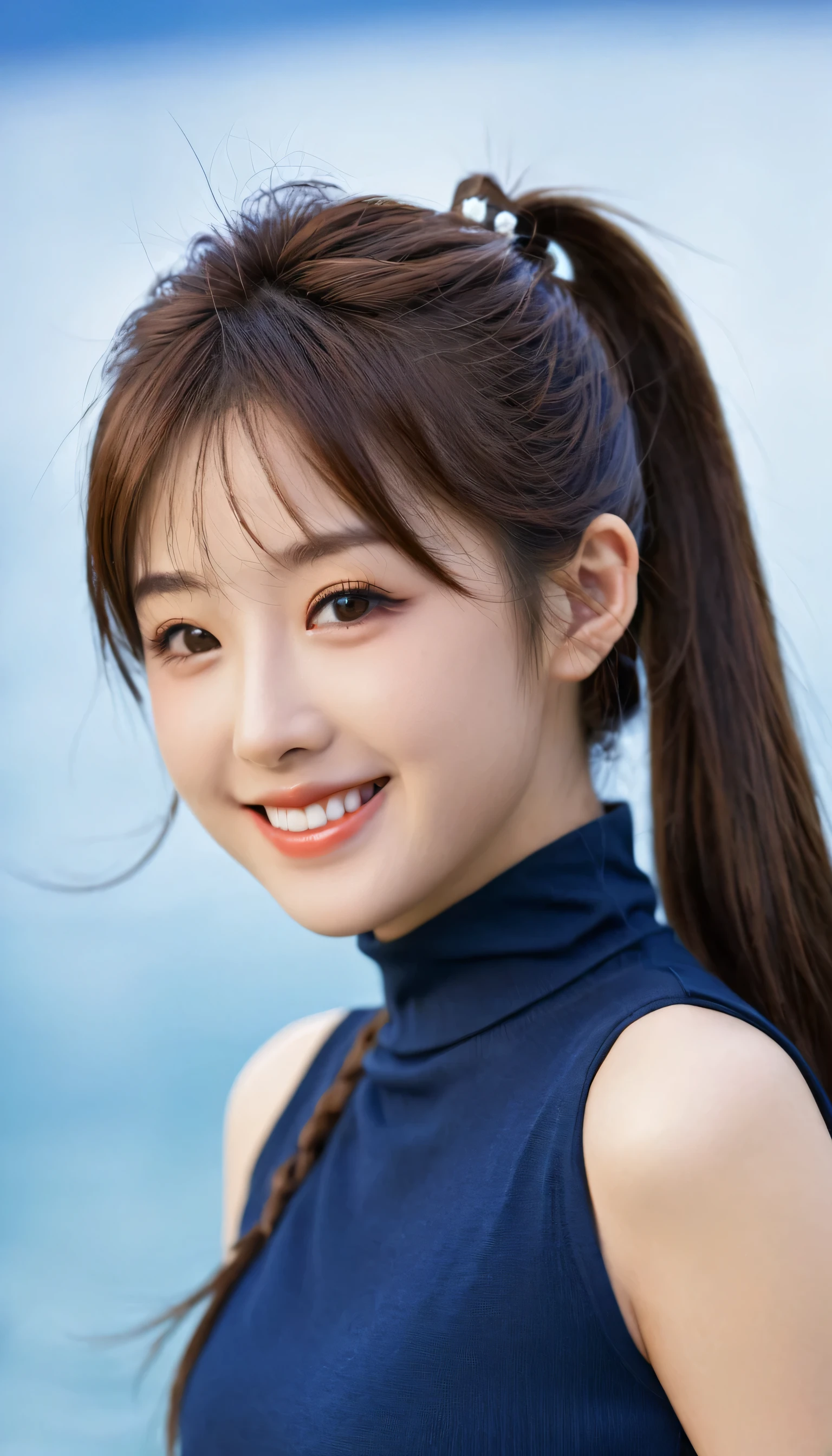 sleeveless, Ponytail, Japanese Girls, 8K, Legal photos, Top quality, masterpiece, Practical, Realistic super details, A girl, Lovely, The best smile, beautiful eyes, Long hair, Perfect facial features,
