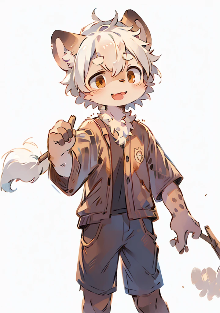 masterpiece,hyena,male,child,Solitary,Minimal details,Delicate eyes,Brown eyes,Hair,White background,Cartoon style,White hair,Facing the camera,Acting cute,Stick out your tongue