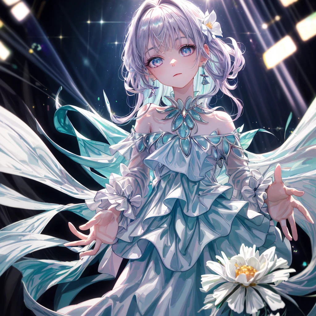 masterpiece, highest quality, figure, alexandrite eyes and hair, platinum earrings, Platinum Necklace, white dress, The Little Mermaid, cute, (dynamic lighting:1.2), cinematic lighting, delicate features, fine eyes, sharp pupils, realistic student, Depth of bounds written, Bokeh, sharp focus, (very detailed, bloom, shine:1.4), Many Small Gems
