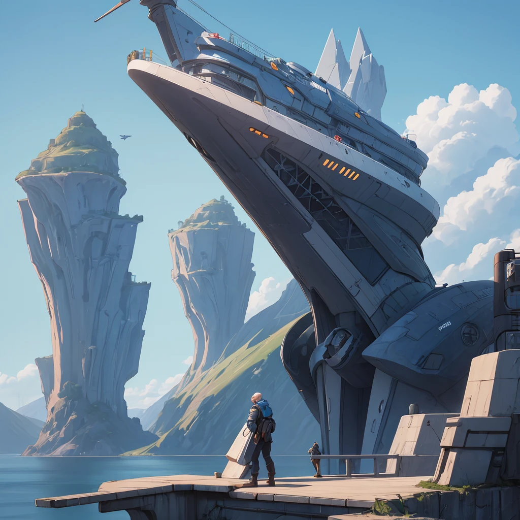 A spaceship lands on a platform at the top of a very tall futuristic building. Pilots around the ship and in the distance a gigantic futuristic city, in the middle of mountains and plains. Lots of vegetation and water. Birds flying and a blue sky with lots of clouds. Humid atmosphere and lots of sunlight. maximum quality, beautiful, master piece, Rendering, mil, high resolution realistic texture, filmic grain, cinematic