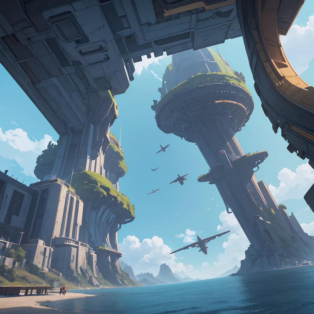 A spaceship lands on a platform at the top of a very tall futuristic building. Pilots around the ship and in the distance a gigantic futuristic city, in the middle of mountains and plains. Lots of vegetation and water. Birds flying and a blue sky with lots of clouds. Humid atmosphere and lots of sunlight. maximum quality, beautiful, master piece, Rendering, mil, high resolution realistic texture, filmic grain, cinematic