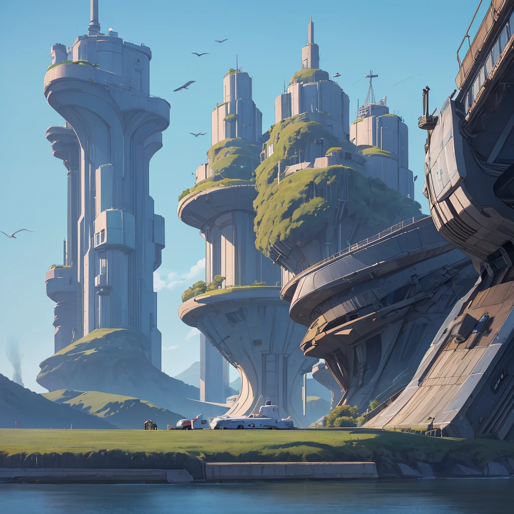 A spaceship lands on a platform at the top of a very tall futuristic building. Pilots around the ship and in the distance a gigantic futuristic city, in the middle of mountains and plains. Lots of vegetation and water. Birds flying and a blue sky with lots of clouds. Humid atmosphere and lots of sunlight. maximum quality, beautiful, master piece, Rendering, mil, high resolution realistic texture, filmic grain, cinematic