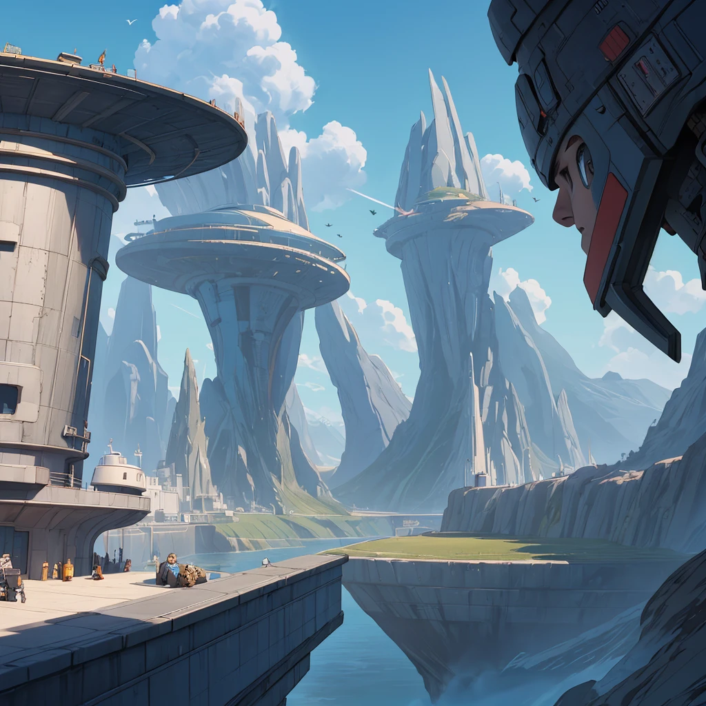 A spaceship lands on a platform at the top of a very tall futuristic building. Pilots around the ship and in the distance a gigantic futuristic city, in the middle of mountains and plains. Lots of vegetation and water. Birds flying and a blue sky with lots of clouds. Humid atmosphere and lots of sunlight. maximum quality, beautiful, master piece, Rendering, mil, high resolution realistic texture, filmic grain, cinematic