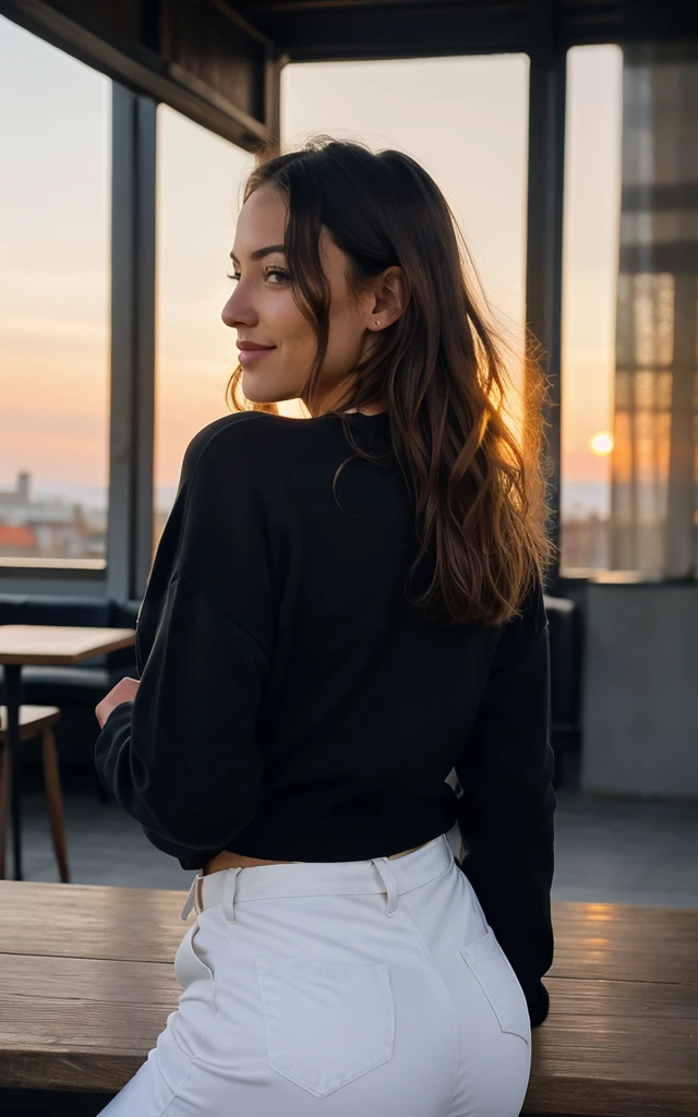 Cute beautiful blonde with yellow sweater (Drinking coffee in a modern café at sunset), muito detalhado, 14years old, innocent face, naturally wavy hair, blue eyes, high-res, ​masterpiece, best qulaity, Intricate detailing, muito detalhado, sharp focus, detailed skin, realistie Hauttextur, Textur, detailled eyes, professional, 4K, charming smile, taken with Canon, 85 mm, light depth of field, Kodak Vision Color, perfectly fitting body, extremely detail, photoshot_\(ultra\), fotorealisti, realisti, Post processing, maximum details, roughness, real life, ultrarealisti, photoshotrealismus, photoshotgrafie, 8K  UHD, photoshotgrafie

**layer:**

[Minimalist background image with a coffee at dawn, overlooking a military barracks in the distance. The silhouette of a young woman, Ana, is seen from the back, looking towards the barracks, With a notebook in his hand.]

**
*Visual Description:* The cover reflects the romantic and intriguing atmosphere of Ana&#39;s story, a young woman in search of herself and a love that defies convention.
