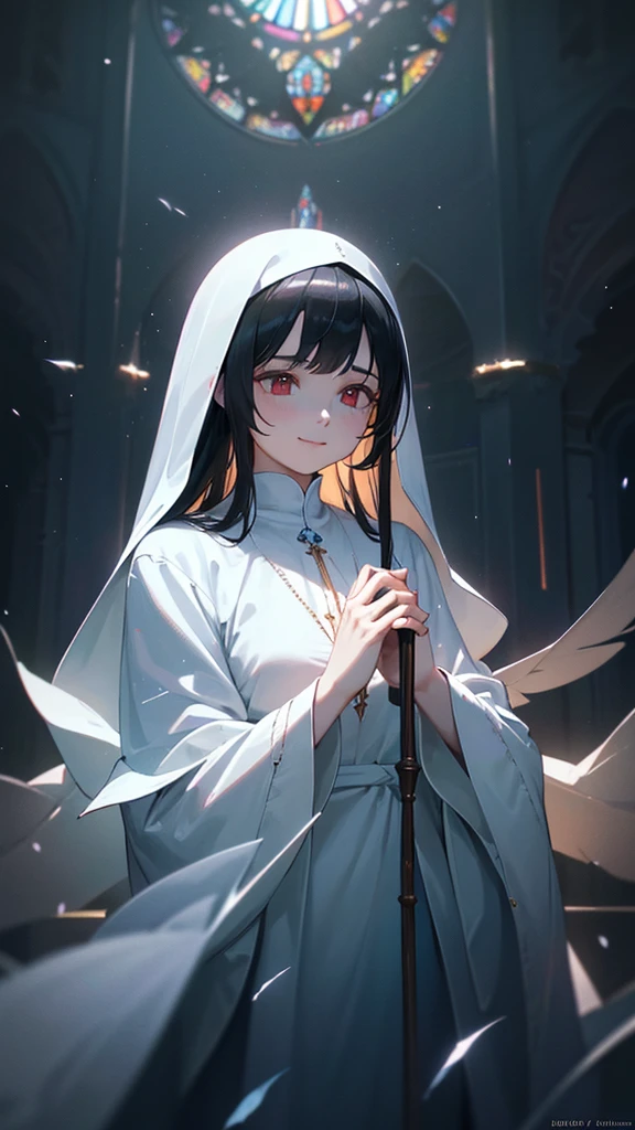 A beautiful, smiling nun in a white habit, with long black hair and red eyes, set against a background of a church, with a fantastical, ethereal atmosphere, accented by shimmering particles of light, reminiscent of stained glass, (best quality,4k,8k,highres,masterpiece:1.2),ultra-detailed,(realistic,photorealistic,photo-realistic:1.37),intricate details,highly detailed,striking colors,dramatic lighting,cinematic,captivating portrait,sacred,spiritual,divine, slight blur, dreamy, soft focus, surreal, mystical ambiance