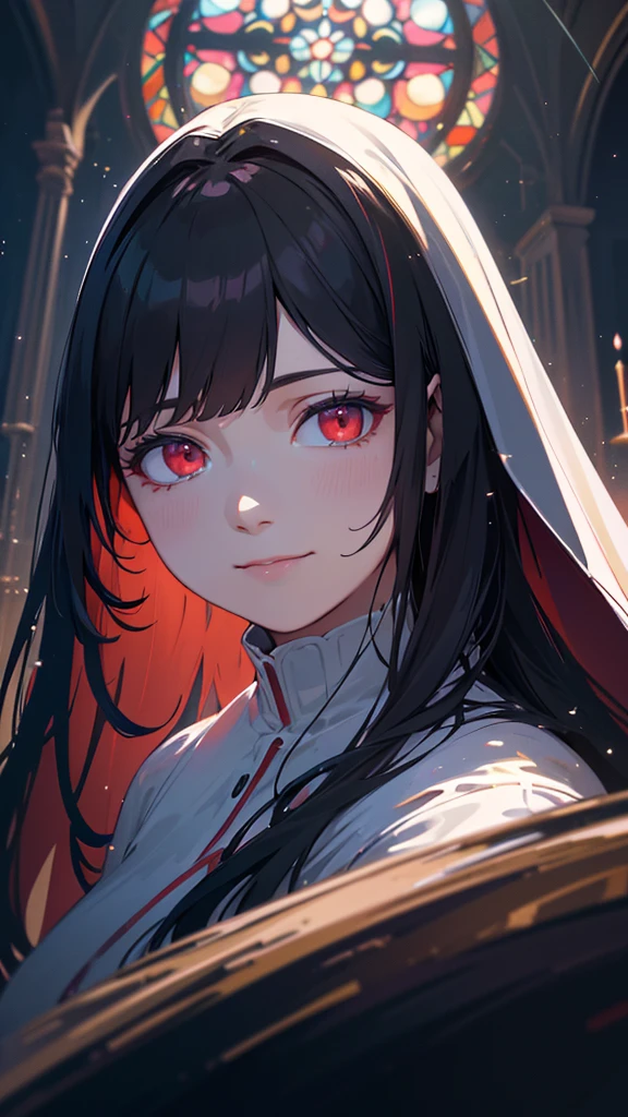 A beautiful, smiling nun in a white habit, with long black hair and red eyes, set against a background of a church, with a fantastical, ethereal atmosphere, accented by shimmering particles of light, reminiscent of stained glass, (best quality,4k,8k,highres,masterpiece:1.2),ultra-detailed,(realistic,photorealistic,photo-realistic:1.37),intricate details,highly detailed,striking colors,dramatic lighting,cinematic,captivating portrait,sacred,spiritual,divine, slight blur, dreamy, soft focus, surreal, mystical ambiance