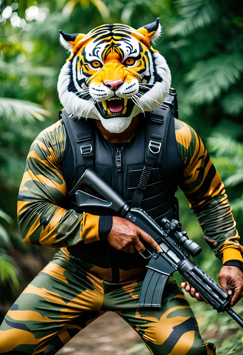(a dark-skinned fat muscular old man in a bulky army camouflage zipper diver suit) shooting with a rifle and (wearing realistic roaring siberian tiger mask), muscular, Bruce Onobrakpeya, sumatraism, stanley artgermm, action, a character portrait, heroic, fierce, snarling