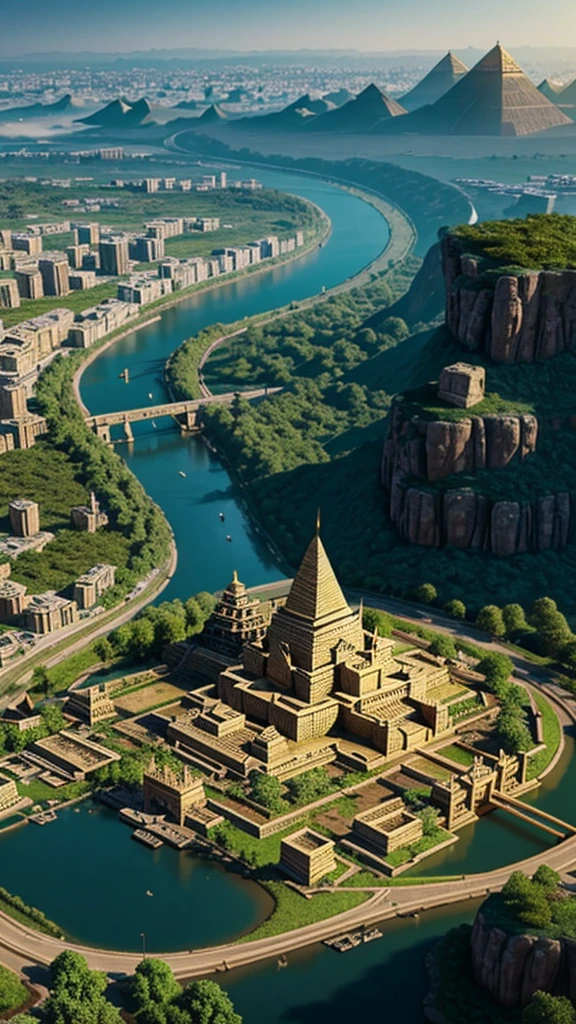City in ancient Egypt, พื้นหลังCity in ancient Egypt, Fantasy, forest, tree, waterfall, ศิลปะFantasyยุคกลาง, game scene graph,aerial view,high angle lens,prime time light,Masterpiece,best quality,Best picture quality