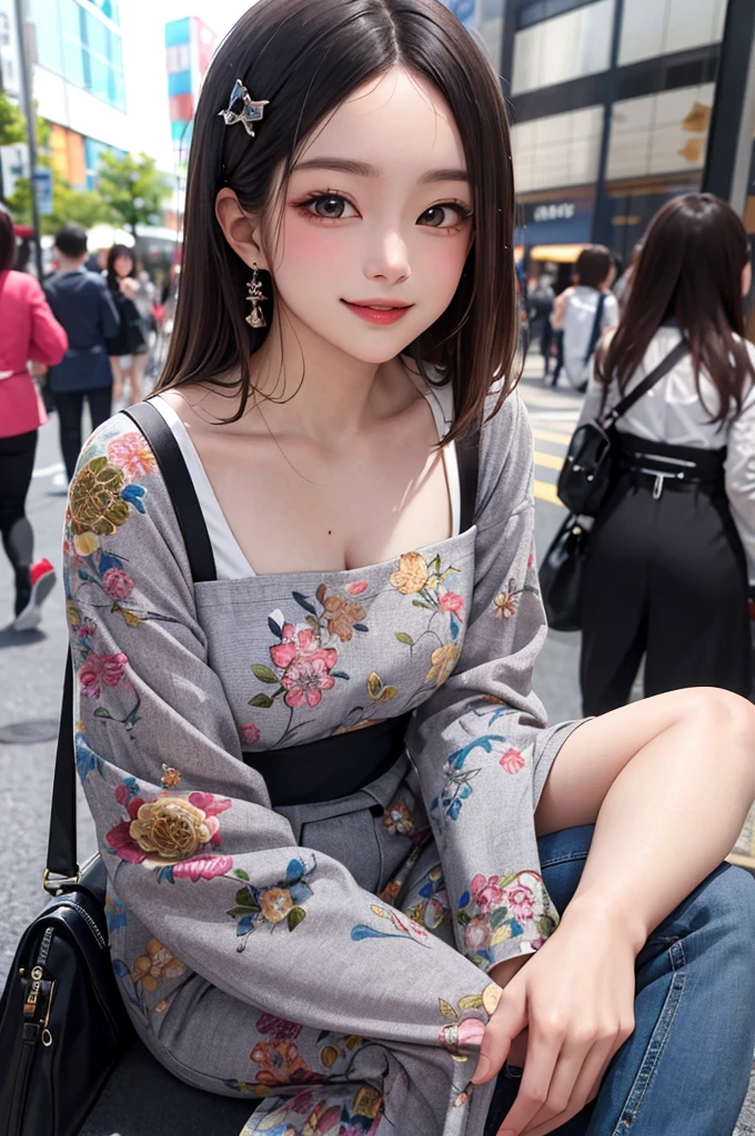 Masterpiece, Best Quality, 8K, Detailed Skin Texture, Detailed Cloth Texture, Beautiful Detail Face, Intricate Detail, Ultra Detailed, Portrait,Japanese girl、Harajuku style casual clothes、Colorful costumes、smile