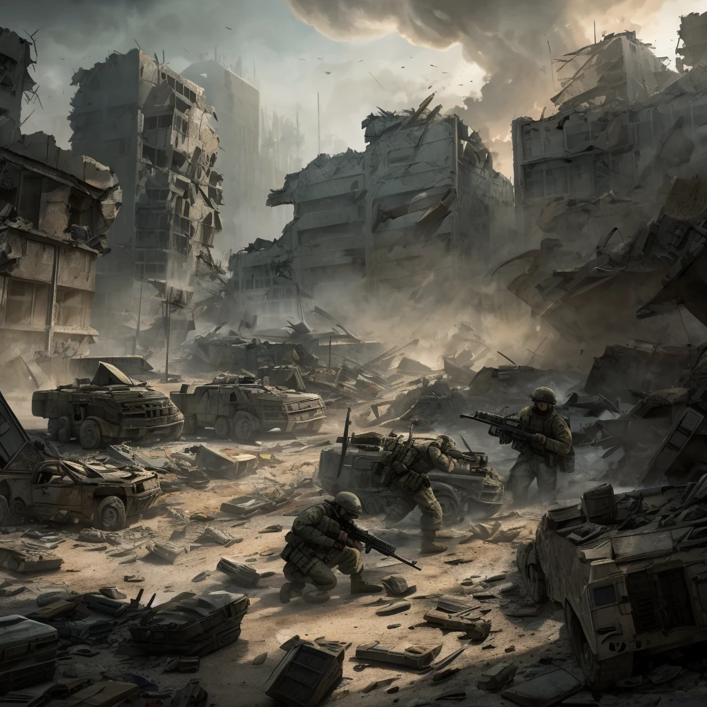 a heavily armed military task force, highly detailed military uniforms, tactical gear, assault rifles, taking rebel prisoners, battle aftermath, destroyed city environment, rubble and debris, dramatic lighting, cinematic composition, gritty Syfy style, muted color palette, dust and smoke effects, dynamic camera angle, tense and gripping scene