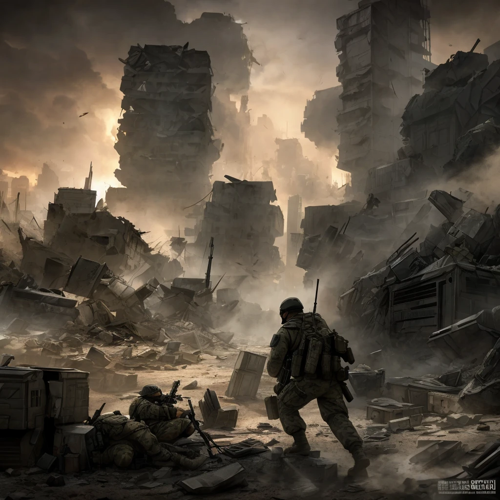 a heavily armed military task force, highly detailed military uniforms, tactical gear, assault rifles, taking rebel prisoners, battle aftermath, destroyed city environment, rubble and debris, dramatic lighting, cinematic composition, gritty Syfy style, muted color palette, dust and smoke effects, dynamic camera angle, tense and gripping scene