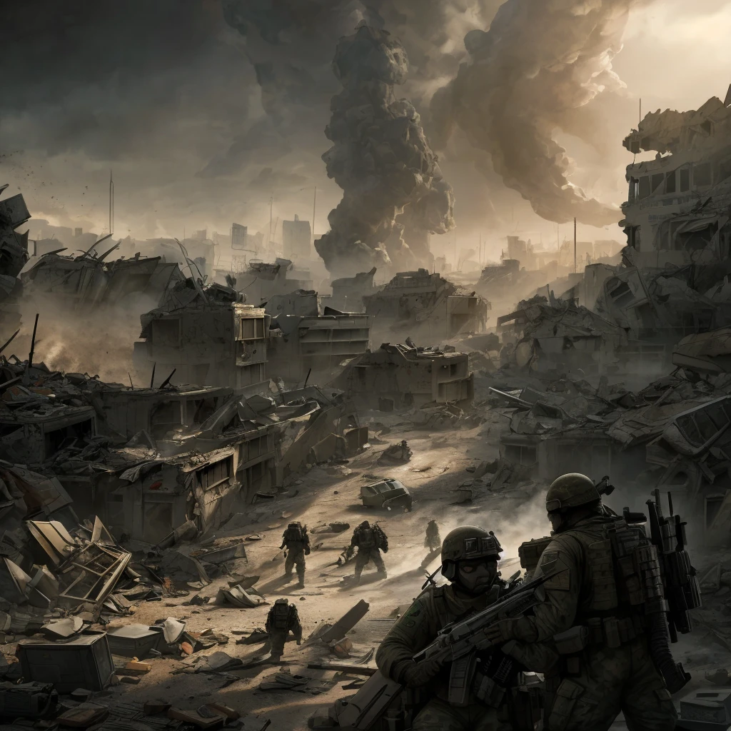 a heavily armed military task force, highly detailed military uniforms, tactical gear, assault rifles, taking rebel prisoners, battle aftermath, destroyed city environment, rubble and debris, dramatic lighting, cinematic composition, gritty Syfy style, muted color palette, dust and smoke effects, dynamic camera angle, tense and gripping scene