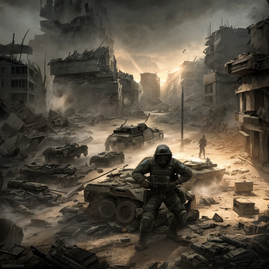 a heavily armed military task force, highly detailed military uniforms, tactical gear, assault rifles, taking rebel prisoners, battle aftermath, destroyed city environment, rubble and debris, dramatic lighting, cinematic composition, gritty Syfy style, muted color palette, dust and smoke effects, dynamic camera angle, tense and gripping scene