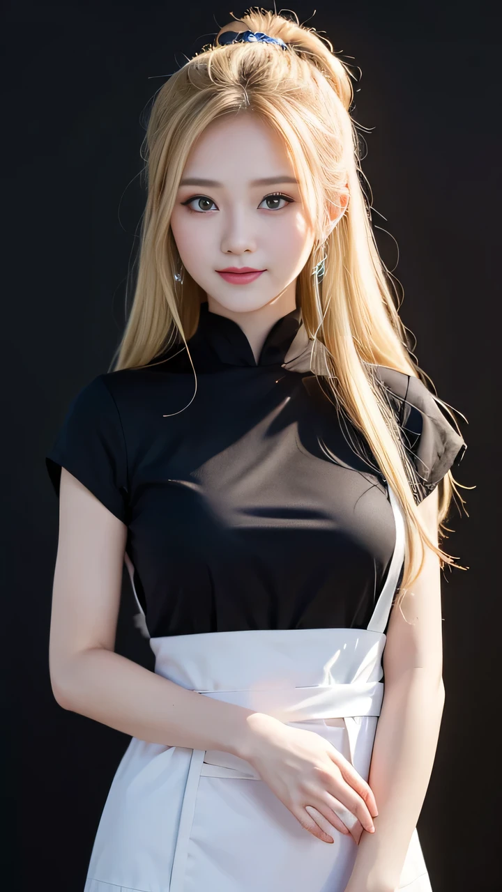 （（（Perfect number，number，Solitary， （（（White chef's suit, Wearing a green apron））），（（（Brocade_Raw pine，Long hair,  Blonde hair, Blue-black pupil color, Hair tied in a bunch at the end））），((masterpiece)),high resolution, ((Best quality at best))，masterpiece，quality，Best quality，（（（ Exquisite facial features，Looking at the audience,There is light in the eyes，(（（Smile））)，））），型number:1.7））），（（（Light and Shadow，Huge breasts））），（（（Looking at the camera，black background，）））