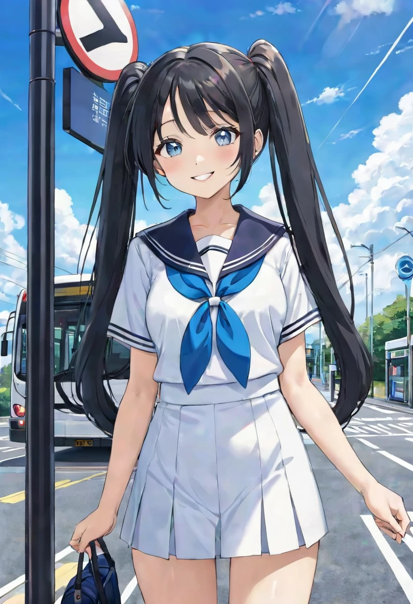 Black long hair、Beautiful girl with twin tails、Sailor suit、Bright smile、Full Body View、Waiting for a bus at the bus stop、I can see the bus、White clouds in blue sky、Face Highlights