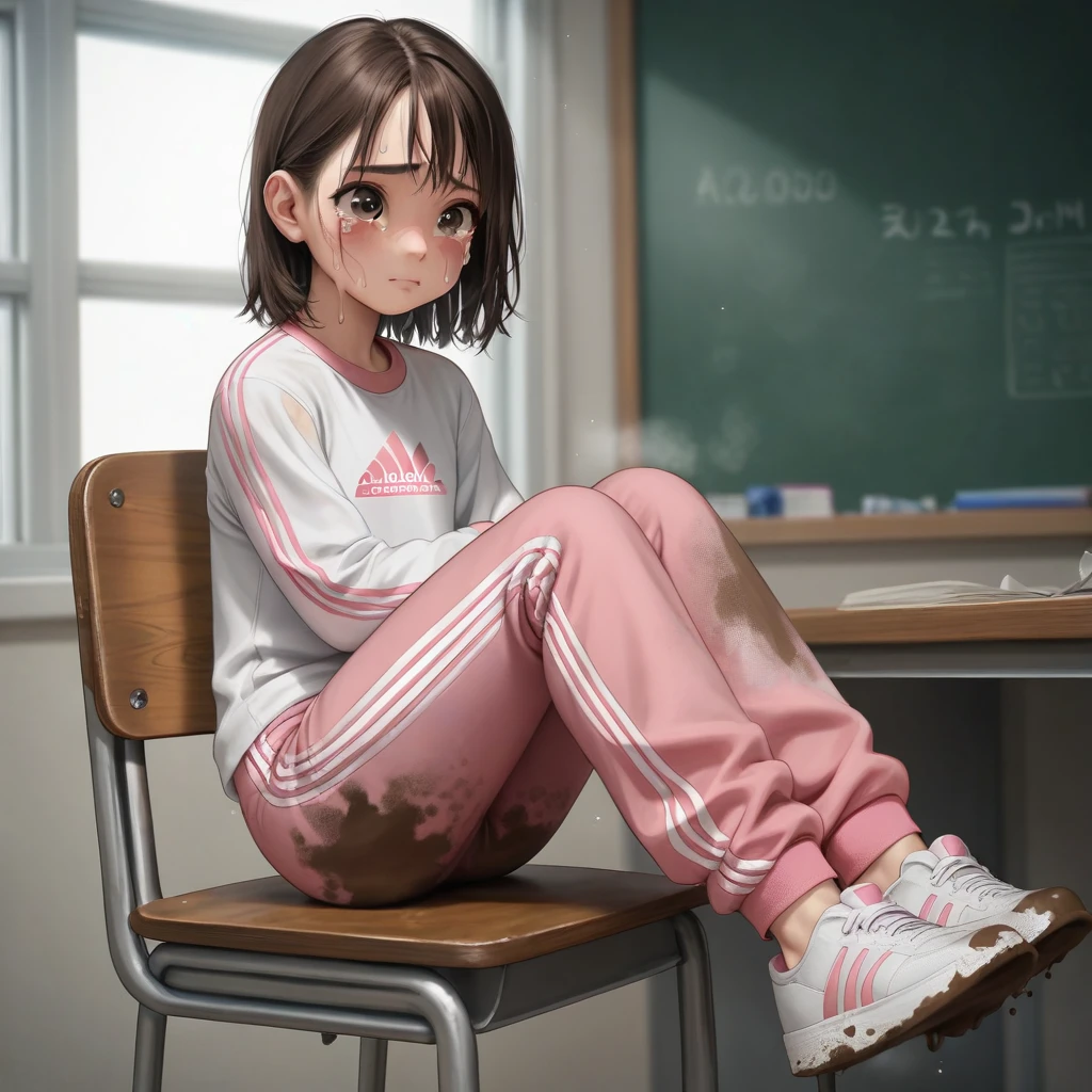 Ultra-realistic, 4k, 1girl, 10 year old, cute face, pretty face, cute eyes, skinny body, flat chest, brown hair, pink adidas sweatpants, tight long sleeve sports white tshirt, white sneakers, crying, very sweaty, in dirty classroom, near the desk, dirty pants, dirty chair, dirty clothes, sweaty clothes, (((make the whole image filthy and dirty))), (((mud overflowing from pants))), stinky atmosphere, filthy atmosphere, mud on pants, disgusting pants, back view of girl, ((extreme amount of mud on pants)),