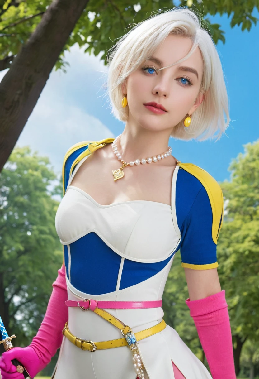 (masterpiece, best quality:1.1), thief (dq3), 1girl, solo, short hair, white hair, blue eyes, medium breasts, pink gloves, jewelry, pearl necklace, earrings, belt, sword, yellow breastplate, black bodysuit, bag, (coin, sword on hip:1.2), (dutch angle, dynamic pose, from side:1.3), (blue skies, nature:1.2)