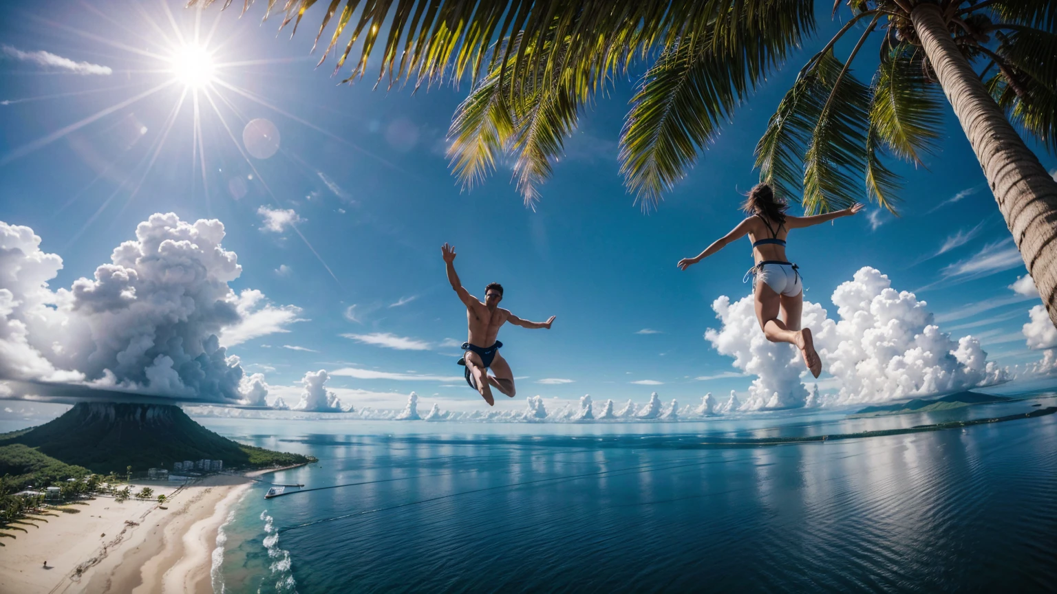 View from top to bottom, a man and a woman from the coast jumping from a plane far away, on the high seas with coconut trees, sun and clouds.