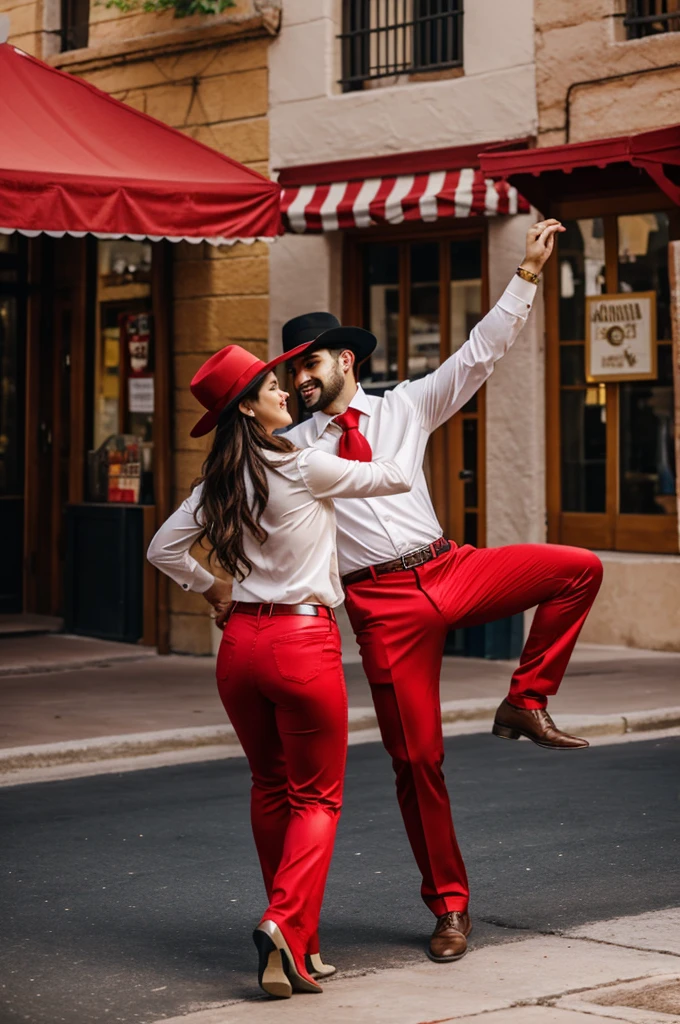 Man and woman dancing San Antonio. The man must have red pants, White shirt, red neck scarf and brown hat