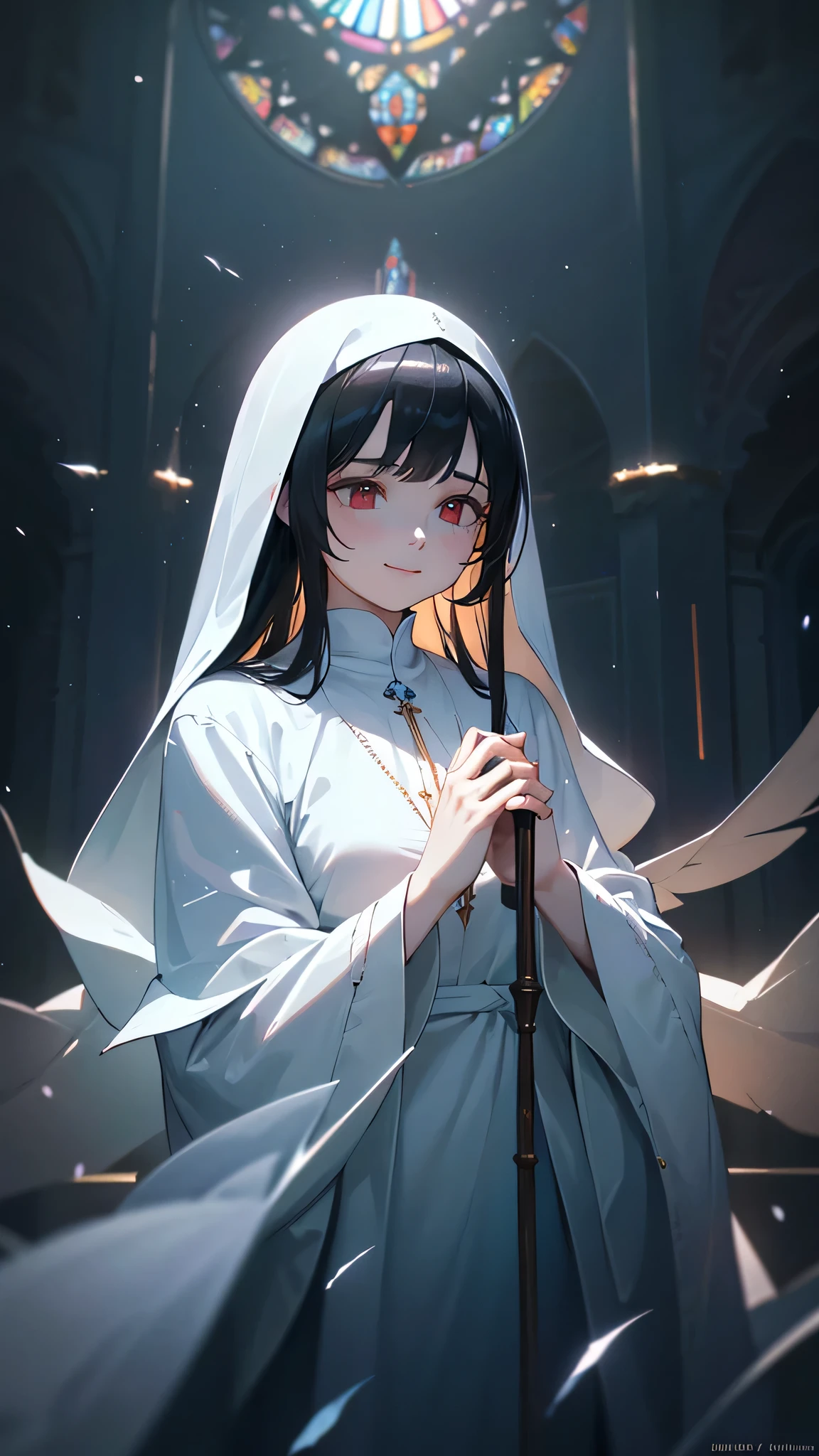 A beautiful, smiling nun in a white habit, with long black hair and red eyes, set against a background of a church, with a fantastical, ethereal atmosphere, accented by shimmering particles of light, reminiscent of stained glass, (best quality,4k,8k,highres,masterpiece:1.2),ultra-detailed,(realistic,photorealistic,photo-realistic:1.37),intricate details,highly detailed,striking colors,dramatic lighting,cinematic,captivating portrait,sacred,spiritual,divine, slight blur, dreamy, soft focus, surreal, mystical ambiance