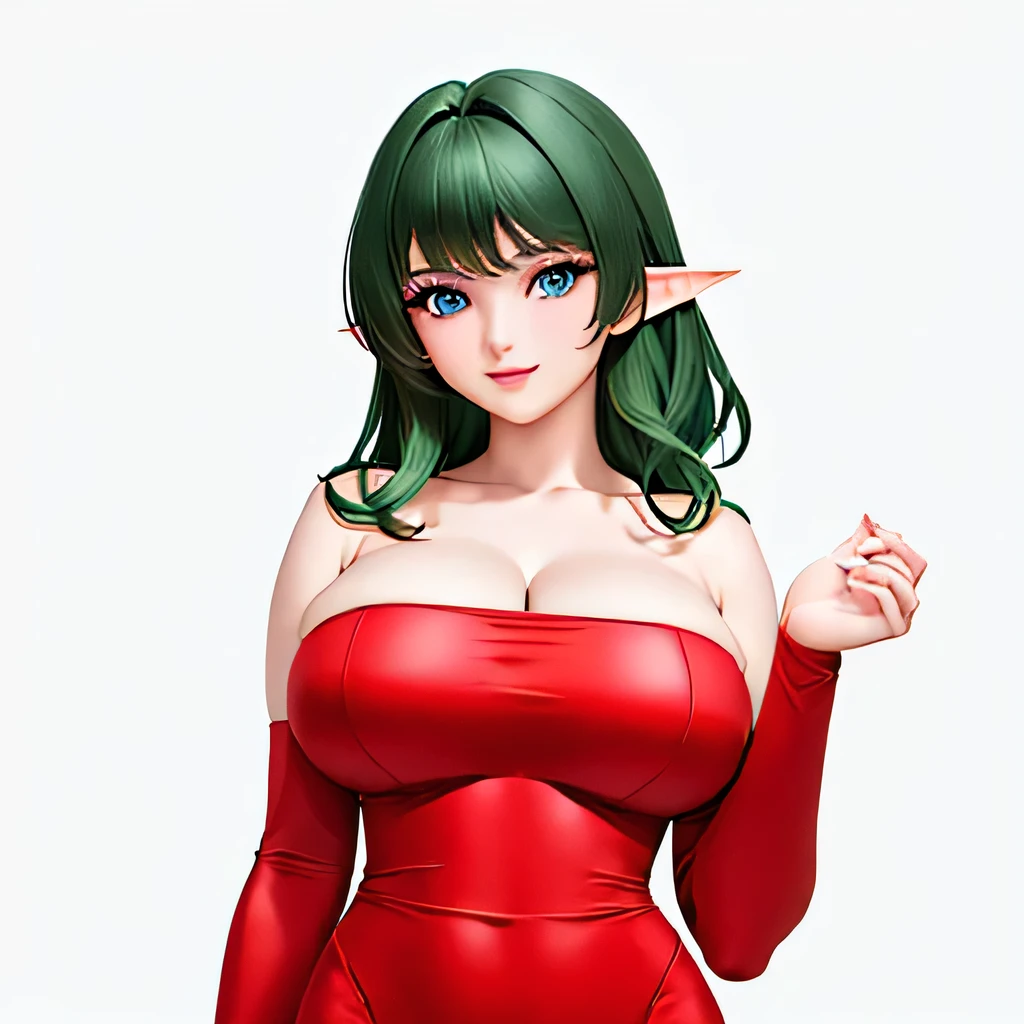  ((masterpiece,best quality,ultra-delicate,Perfect Face,16k,high resolution,very beautiful girl)),Medium short green hair:1.2, Red strapless bodycon tube dress ,Red long arm sleeves,outstretching arms,Elf Girl,((gigantic Breasts:1.2)),blue eyes,Beautiful smile,20 years old,bedroom