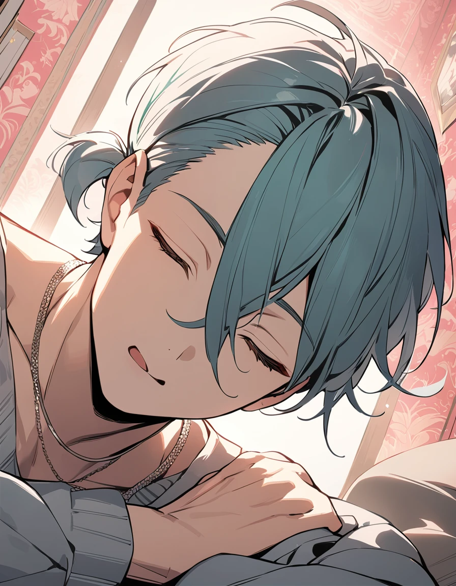 ((((best masterpiece, best quality, wallpaper,)))) solo, guy, male body, small muscles, flat chest, 1male, 30 years old, handsome man, dramatic angle, upper body, looking at viewers, beautiful detailed, lying down, mediumturquoise hair, ((((Lower short ponytail)))), asymmetrical bangs, ((short hair,)) Expressionless,
 ((( closed eyes, ^o^, tareme, droopy eyes,))) perfect face, extremely closed eyes, perfect hands, sharp nose, clear face, black turtleneck, grey cardigan, ((silver piercing, simple silver necklace,)) leggings, pink background color ultrasharp, 8K, masterpiece,