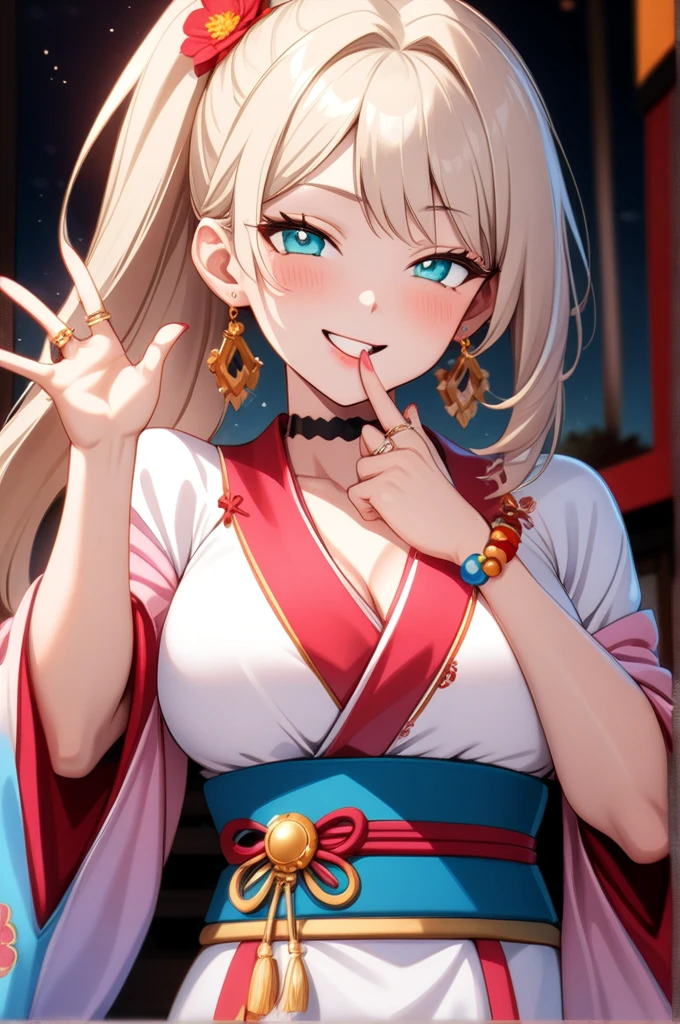((One personの女性)), Beautiful Face, ((Laughing embarrassedly)), (laugh),((Wink:2.1)),((waving at viewer:1.3)), (head tilt:1.3), Laugh with your mouth wide open,((Bright red cheeks:1.4)),Shiny red lips,night,横浜みなとみらいのnight景, firework,Laughing with your mouth open,Glossy pink lips,Facial lighting,((Anime style background)),masterpiece, Highest quality, so beautiful,up to date, Complex details, (4fingers and 1thumbs), (Pink long nails),(ring),(Colorful Bracelets),(choker),AI-generated, Complex,High resolution, Highest quality, super high quality,3D Images、3D Images,One person,Long blonde hair,High Ponytail,(turquoise blue eyes),Anime woman posing for a photo, ((Fine grain、Colorful eyes、Shining Eyes:1.3)),(Squint your eyes:1.1),a hyperRealistic , hyperRealistic , Realistic,Anime woman with long white hair, Smooth anime CG art, A woman in a colorful kimono with gold embroidery, (Pink long sleeve kimono),Red floral pattern,Long flower hair ornament,Earrings,Mature Body,(Big Breasts:1.1),Tall,Abdominal muscles,Tight waist,(Zoom up to face:1.5,(front view),
