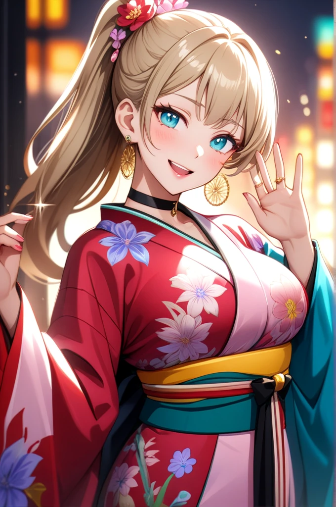 ((One personの女性)), Beautiful Face, ((Laughing embarrassedly)), (laugh),((Wink:2.1)),((waving at viewer:1.3)), (head tilt:1.3), Laugh with your mouth wide open,((Bright red cheeks:1.4)),Shiny red lips,night,横浜みなとみらいのnight景, firework,Laughing with your mouth open,Glossy pink lips,Facial lighting,((Anime style background)),masterpiece, Highest quality, so beautiful,up to date, Complex details, (4fingers and 1thumbs), (Pink long nails),(ring),(Colorful Bracelets),(choker),AI-generated, Complex,High resolution, Highest quality, super high quality,3D Images、3D Images,One person,Long blonde hair,High Ponytail,(turquoise blue eyes),Anime woman posing for a photo, ((Fine grain、Colorful eyes、Shining Eyes:1.3)),(Squint your eyes:1.1),a hyperRealistic , hyperRealistic , Realistic,Anime woman with long white hair, Smooth anime CG art, A woman in a colorful kimono with gold embroidery, (Pink long sleeve kimono),Red floral pattern,Long flower hair ornament,Earrings,Mature Body,(Big Breasts:1.1),Tall,Abdominal muscles,Tight waist,(Zoom up to face:1.5,(front view),
