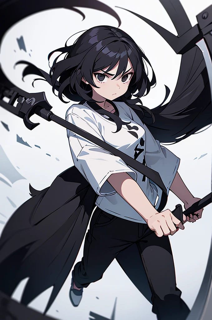 Girl, white skin, black hair, long hair, black eyes, dark clotches, holding a scythe, shirt is short, wide and white, her pants is wide too, black with weapons around