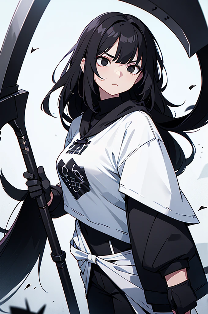 Girl, white skin, black hair, long hair, black eyes, dark clotches, holding a scythe, shirt is short, wide and white, her pants is wide too, black with weapons around