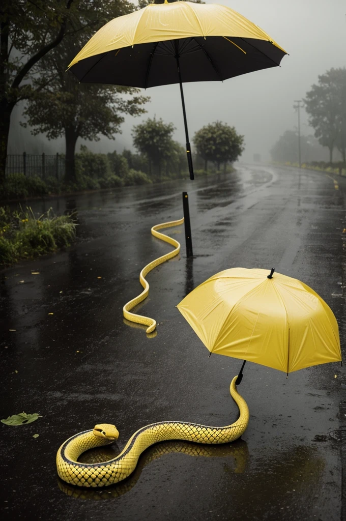 landscape with heavy rain and a snake.yellow and black cor with an umbrella and a raincoat