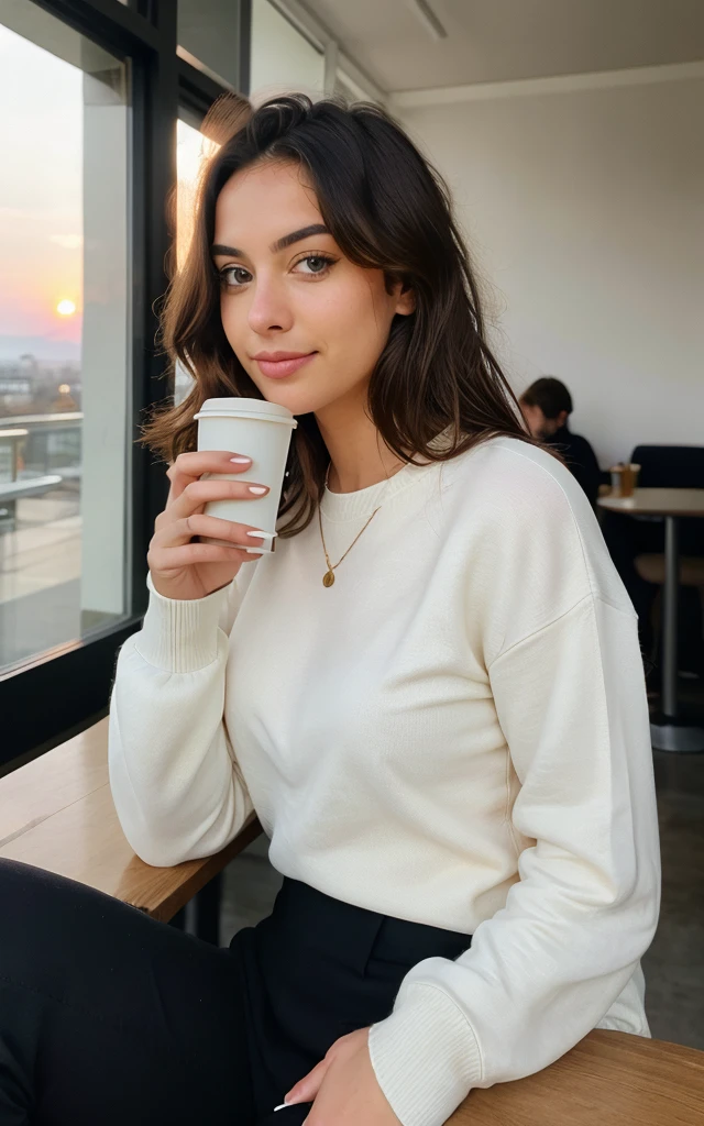 Cute beautiful blonde with yellow sweater (Drinking coffee in a modern café at sunset), muito detalhado, 14years old, innocent face, naturally wavy hair, blue eyes, high-res, ​masterpiece, best qulaity, Intricate detailing, muito detalhado, sharp focus, detailed skin, realistie Hauttextur, Textur, detailled eyes, professional, 4K, charming smile, taken with Canon, 85 mm, light depth of field, Kodak Vision Color, perfectly fitting body, extremely detail, photoshot_\(ultra\), fotorealisti, realisti, Post processing, maximum details, roughness, real life, ultrarealisti, photoshotrealismus, photoshotgrafie, 8K  UHD, photoshotgrafie

faça uma Capa:**

[Minimalist background image with a coffee at dawn, overlooking a military barracks in the distance. The silhouette of a young woman, Ana, is seen from the back, looking towards the barracks, With a notebook in his hand.] She looking at her beloved soldier 

**
*Visual Description:* The cover reflects the romantic and intriguing atmosphere of Ana&#39;s story, a young woman in search of herself and a love that defies convention.