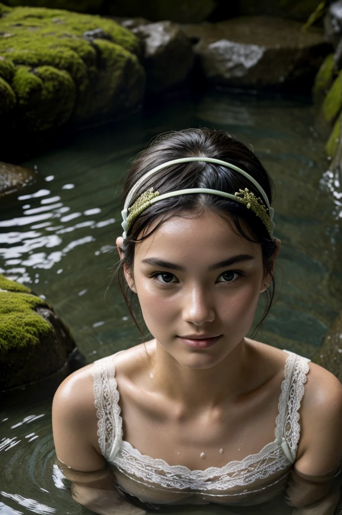 Best Quality, Masterpiece, super high resolution, A super model submerged in hot springs in Japan., outdoor hot springs, stone hot springs, surrounded by moss and trees, super beautiful face, pure body, clear pores visible, (SMILE:0.8), using division (lace headband:1.2), (realism:1.5), Photo original, soaked body, covered in sweat, bare shoulders, in the dark, deep shadows, low-key, cold light