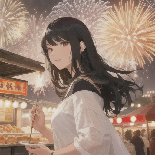 Background Fireworks Display Black hair woman The lights of a food stall in the distance