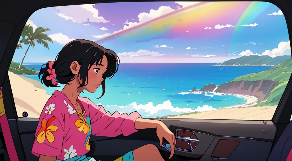 masterpiece, Highest quality, Rainbow Style, anime, Beautiful Asian Girl, Sitting in a car, Along the Hawaiian Coast, Cute and dreamy,anime,Illustrator,Lo-fi Girl, Blues,