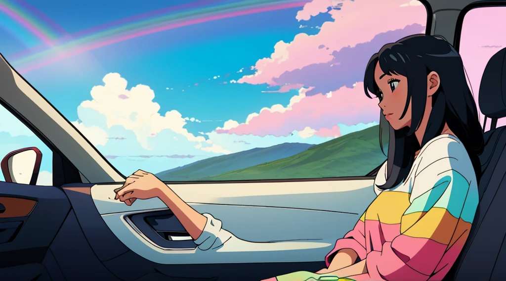 masterpiece, Highest quality, Rainbow Style, anime, Beautiful Asian Girl, Sitting in a car, Along the Hawaiian Coast, Cute and dreamy,anime,Illustrator,Lo-fi Girl, Blues,